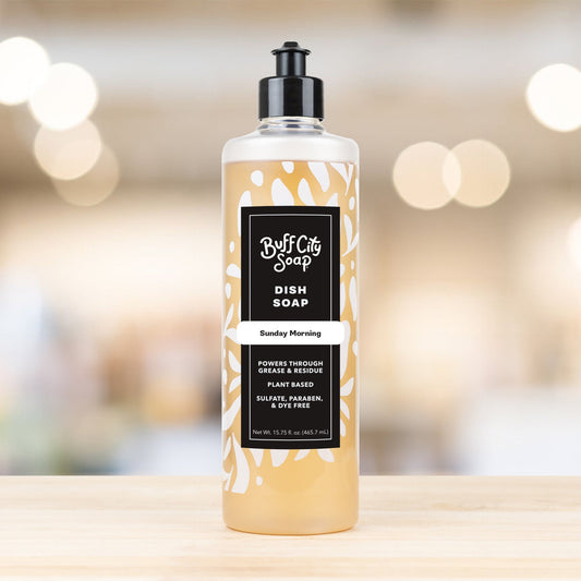 Bottle of Sunday Morning Dish Soap, plant-based grease remover for easy dishwashing