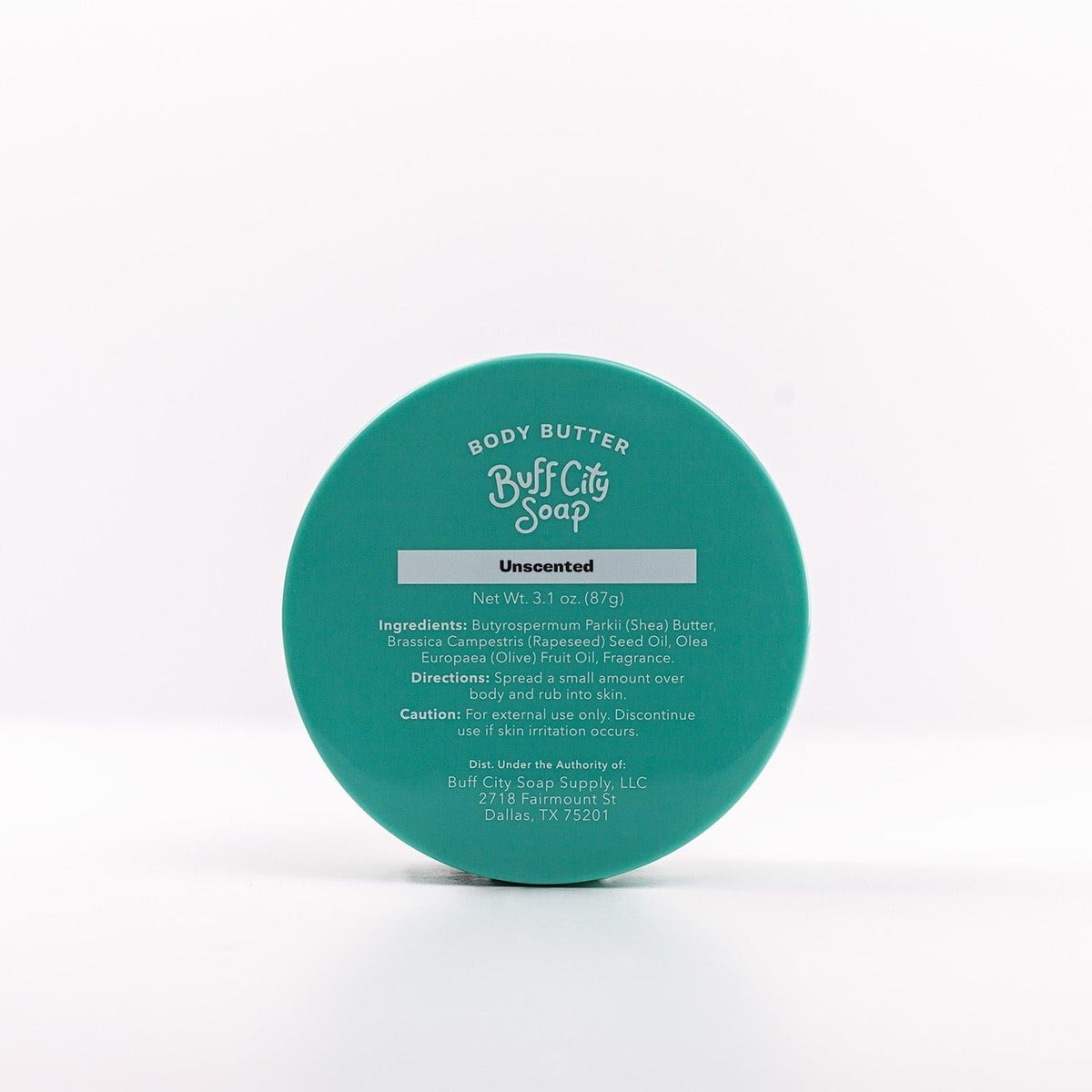 Ingredient label on lid of jar of Unscented Body Butter